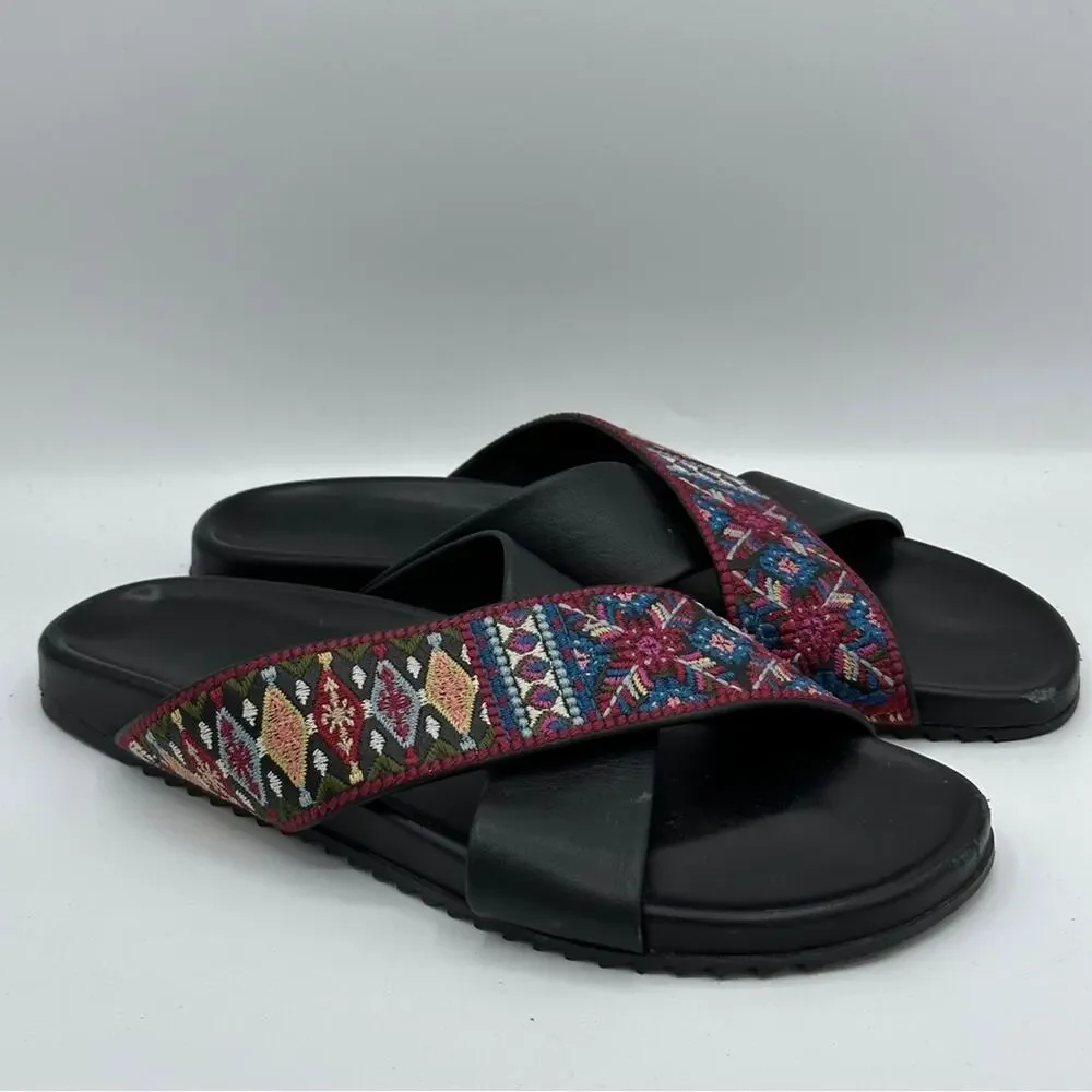 JOHNNY WAS Breatriz Embroidered Criss Cross Slide Sandal Black Sz 40/10
